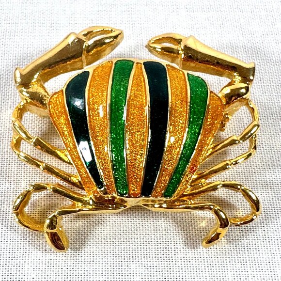 Whimsy Crab Pin Brooch Gold Tone Blue Green Shimmer Enamel Summer Fash Figural - Picture 3 of 7